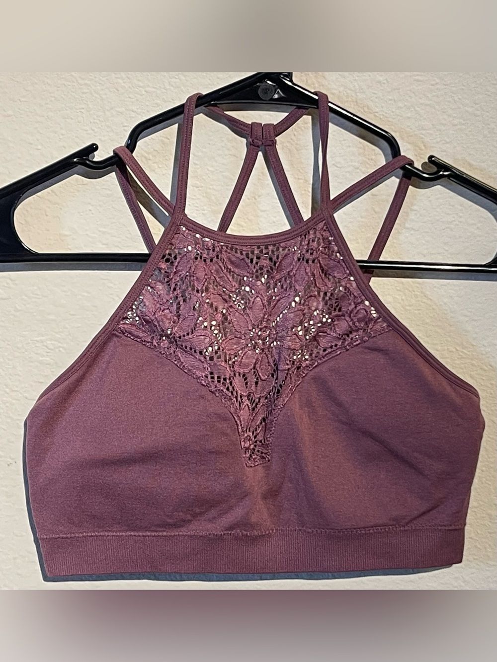 Zenana Outfitters Strappy Stretchy Padded Halter Bralette Wine L/XL